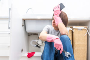 Woman sitting near leaking sink calling for help