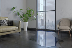 Water leaking and flooded on wood parquet floor. Room floor will damage after the water flooded. 3d illustration and rendering.